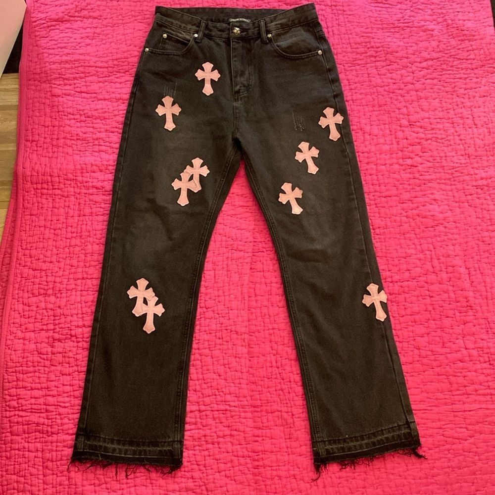 Chrome Hearts Black High-Rise Jeans with Pink Cross Patches